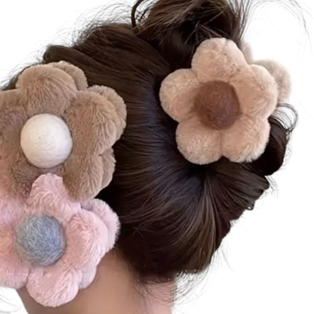 ELEGANT FAUX FUR 3 PC. FLOWER DESIGN HAIR CLAW CLIPS